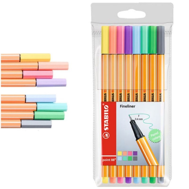 Pack 8 colores pastel, Rotuladores Stabilo Point 88 p. fina, .