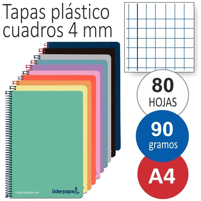 Libretas tapas de plástico, papel de 90 gramos, cuadros 4 mm