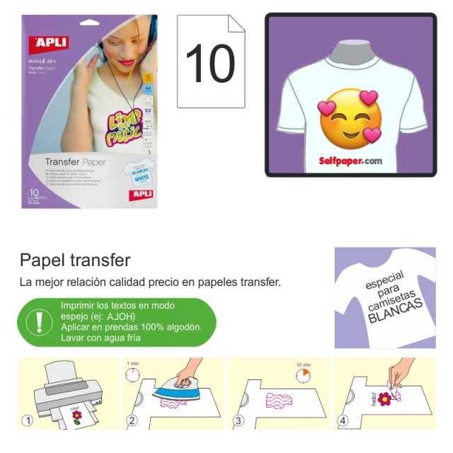 Pte. 10 hojas transfer Apli para camisetas blancas