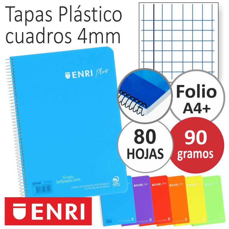 Libretas Enri Plus 90 gramos tapas plástico, cuadros colores