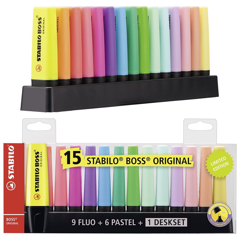STABILO - Pack 23 Subrayadores de colores. Caja set con distintos colores  de marcadores originales. Marcador STABILO BOSS ORIGINAL - Set de mesa  edición 50 aniversario con 23 colores (9 fluorescentes y 14 pastel) -  AliExpress