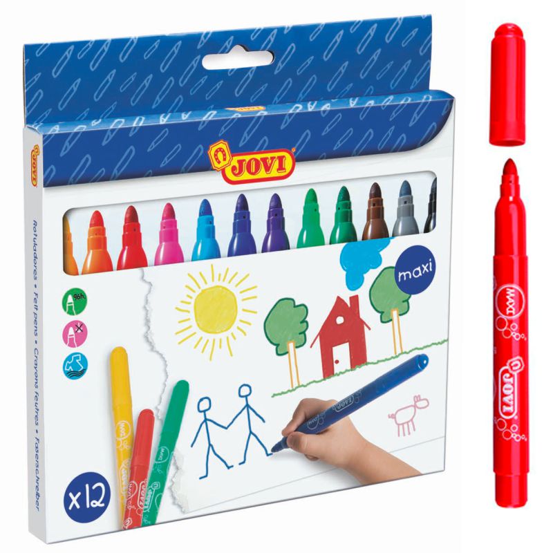 Tradineur - Caja de 12 rotuladores gruesos de colores para niños,  marcadores con punta resistente, material escolar, colores viv